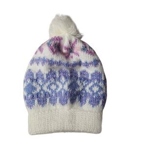 Vintage Aris Ski Hat Coquette Fair Isle Striped Pom Pom Knit Hat USA Vtg 80s